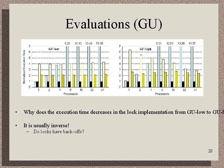 Evaluations (GU) • Why does the execution time decreases in the lock implementation from