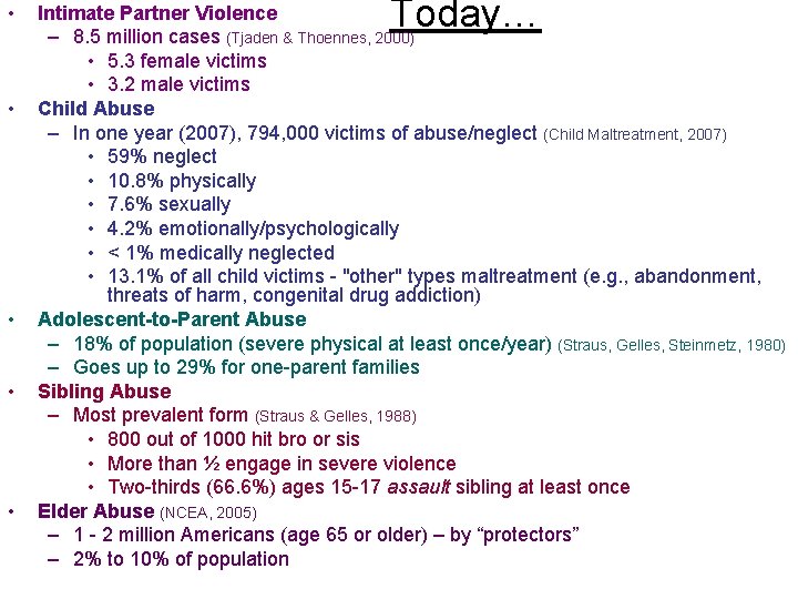  • • • Today… Intimate Partner Violence – 8. 5 million cases (Tjaden