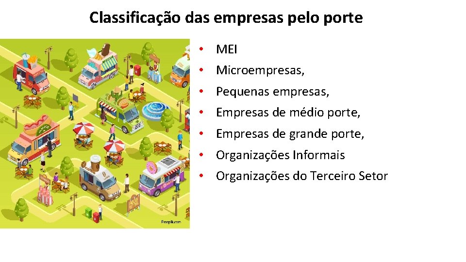Classificação das empresas pelo porte • MEI • Microempresas, • Pequenas empresas, • Empresas