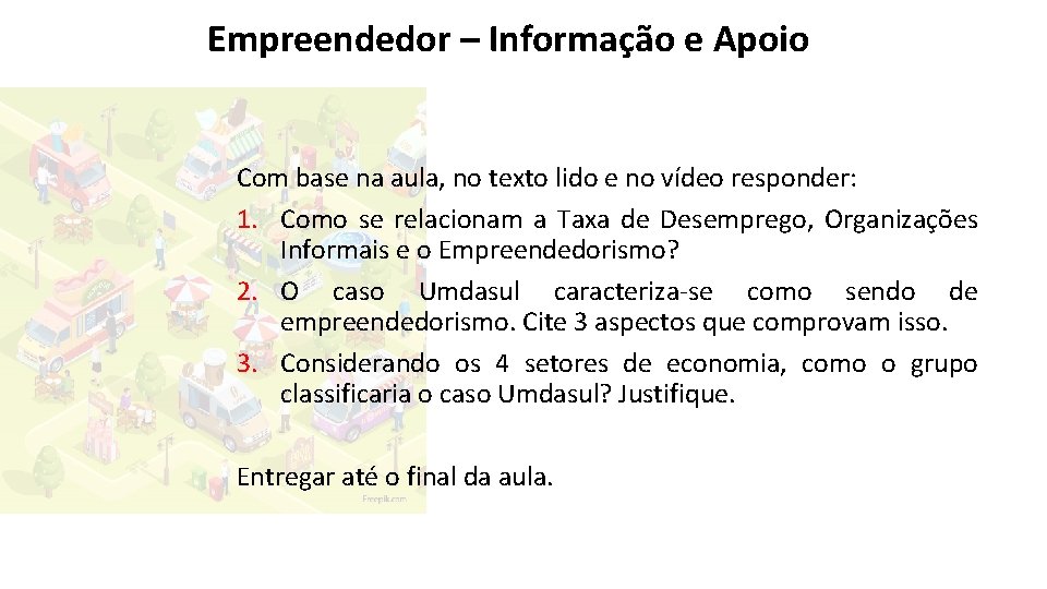 Empreendedor – Informação e Apoio Com base na aula, no texto lido e no