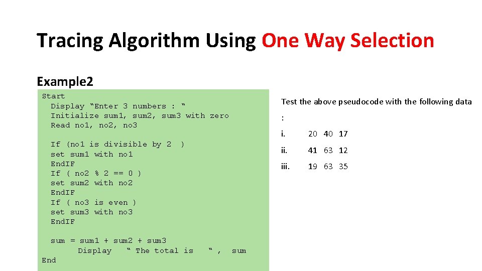 Tracing Algorithm Using One Way Selection Example 2 Start Display “Enter 3 numbers :