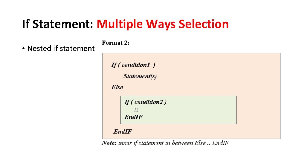If Statement: Multiple Ways Selection • Nested if statement 