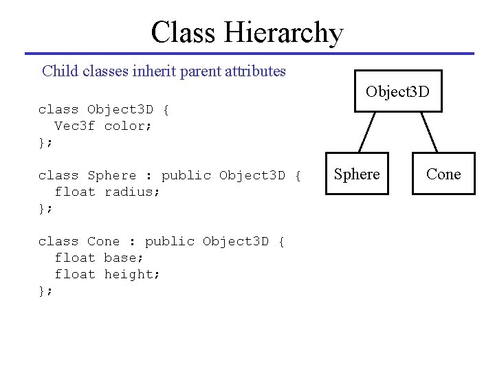 Class Hierarchy Child classes inherit parent attributes Object 3 D class Object 3 D