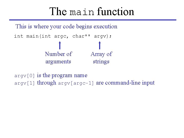 The main function This is where your code begins execution int main(int argc, char**