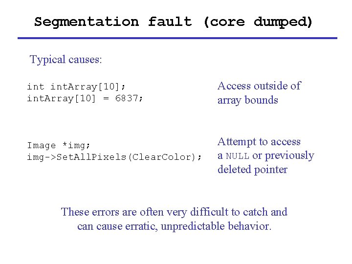 Segmentation fault (core dumped) Typical causes: int. Array[10]; int. Array[10] = 6837; Access outside