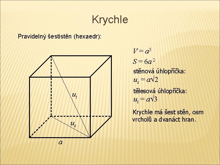 Krychle Pravidelný šestistěn (hexaedr): V = a 3 S = 6 a 2 stěnová Krychle Pravidelný šestistěn (hexaedr): V = a 3 S = 6 a 2 stěnová