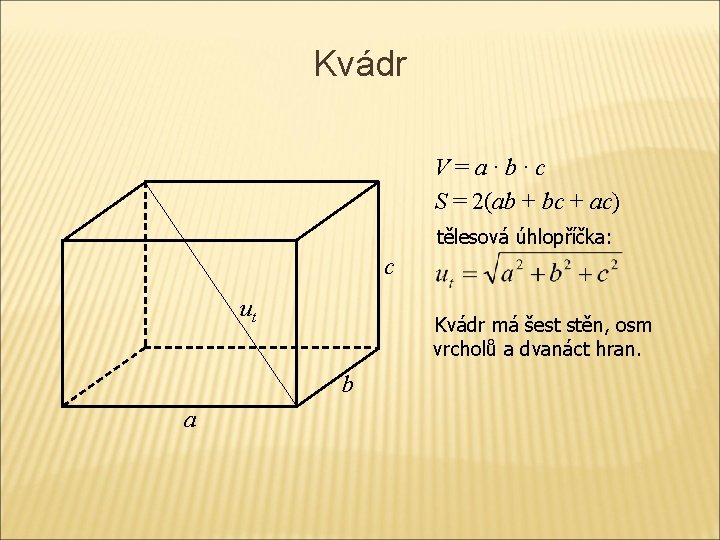 Kvádr V=a·b·c S = 2(ab + bc + ac) tělesová úhlopříčka: c ut Kvádr Kvádr V=a·b·c S = 2(ab + bc + ac) tělesová úhlopříčka: c ut Kvádr