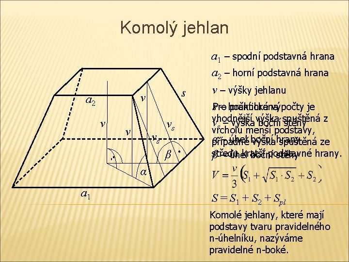 Komolý jehlan s v a 2 v v vs vs β a 1 – Komolý jehlan s v a 2 v v vs vs β a 1 –