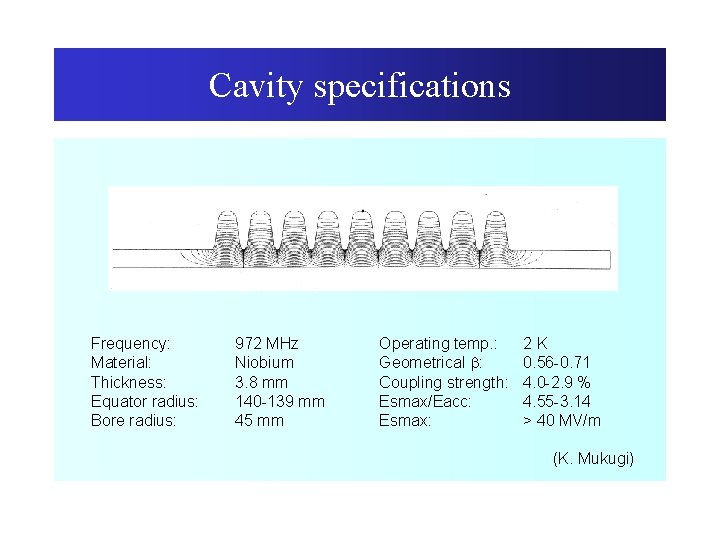 Cavity specifications Frequency: Material: Thickness: Equator radius: Bore radius: 972 MHz Niobium 3. 8