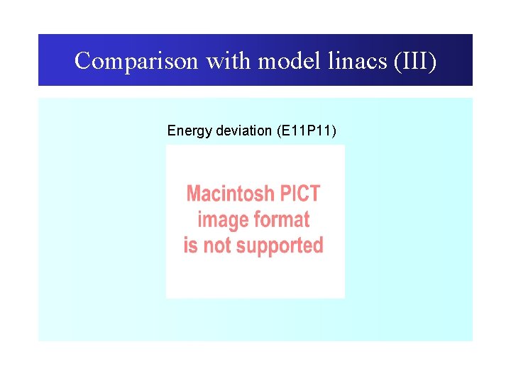Comparison with model linacs (III) Energy deviation (E 11 P 11) 