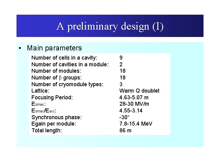 A preliminary design (I) • Main parameters Number of cells in a cavity: Number