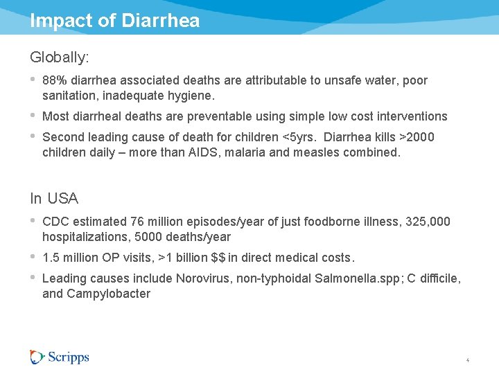 Impact of Diarrhea Globally: • 88% diarrhea associated deaths are attributable to unsafe water,
