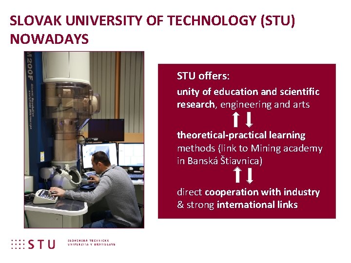 SLOVAK UNIVERSITY OF TECHNOLOGY (STU) NOWADAYS STU offers: unity of education and scientific research,