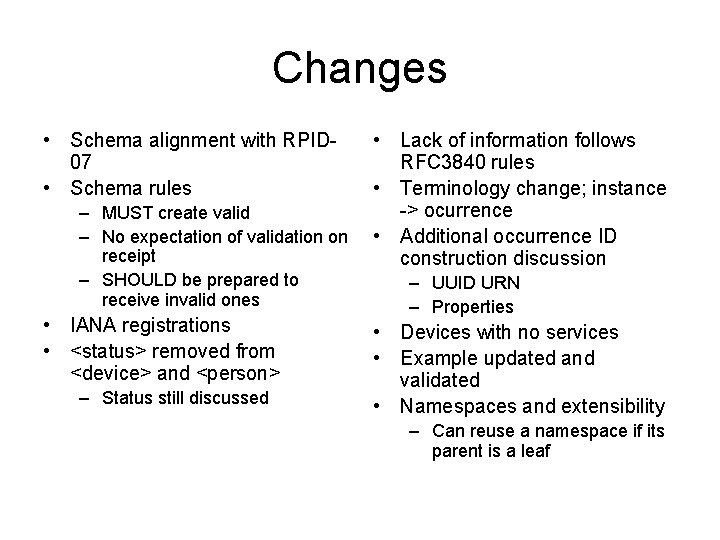 Changes • Schema alignment with RPID 07 • Schema rules – MUST create valid