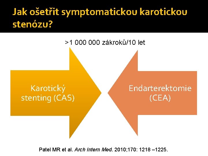 Jak ošetřit symptomatickou karotickou stenózu? >1 000 zákroků/10 let Karotický stenting (CAS) Endarterektomie (CEA)