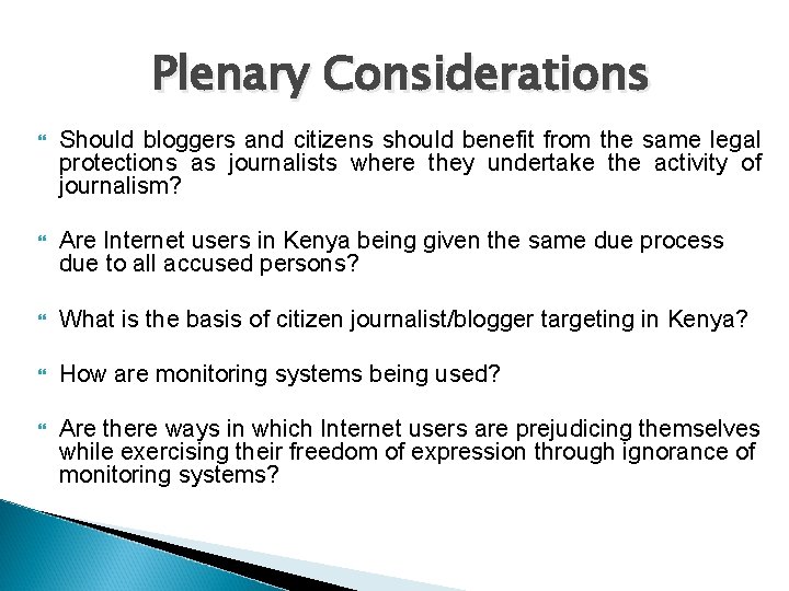 Plenary Considerations Should bloggers and citizens should benefit from the same legal protections as