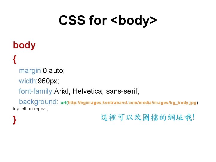 CSS for <body> body { margin: 0 auto; width: 960 px; font-family: Arial, Helvetica,