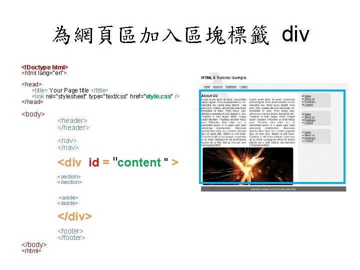 為網頁區加入區塊標籤 div <!Doctype html> <html lang="en"> <head> <title> Your Page title </title> <link rel="stylesheet"