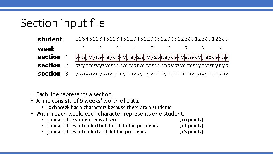 Section input file student 1234512345123451234512345 week section 1 section 2 section 3 1 2
