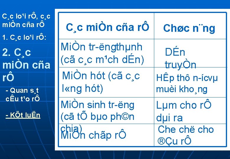 C¸c lo¹i rÔ, c¸c miÒn cña rÔ 1. C¸c lo¹i rÔ: 2. C¸c miÒn