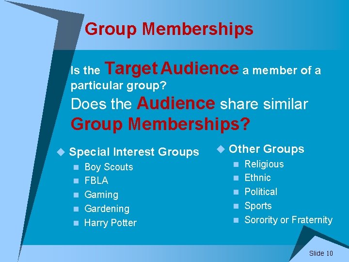 Group Memberships Is the Target Audience a member of a particular group? Does the