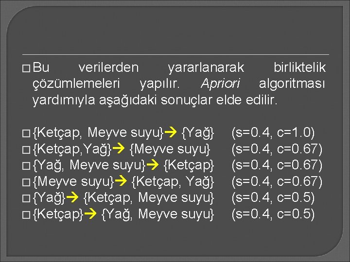 � Bu verilerden yararlanarak birliktelik çözümlemeleri yapılır. Apriori algoritması yardımıyla aşağıdaki sonuçlar elde edilir.