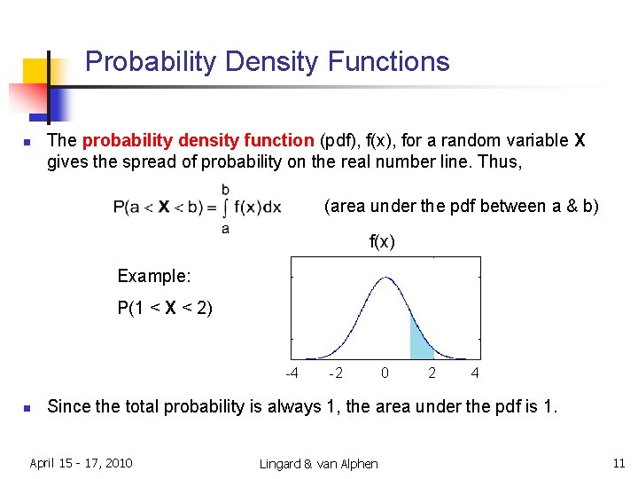Probability Density Functions n The probability density function (pdf), f(x), for a random variable Probability Density Functions n The probability density function (pdf), f(x), for a random variable