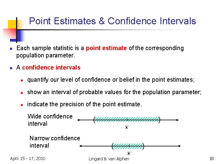 Point Estimates & Confidence Intervals n n Each sample statistic is a point estimate Point Estimates & Confidence Intervals n n Each sample statistic is a point estimate