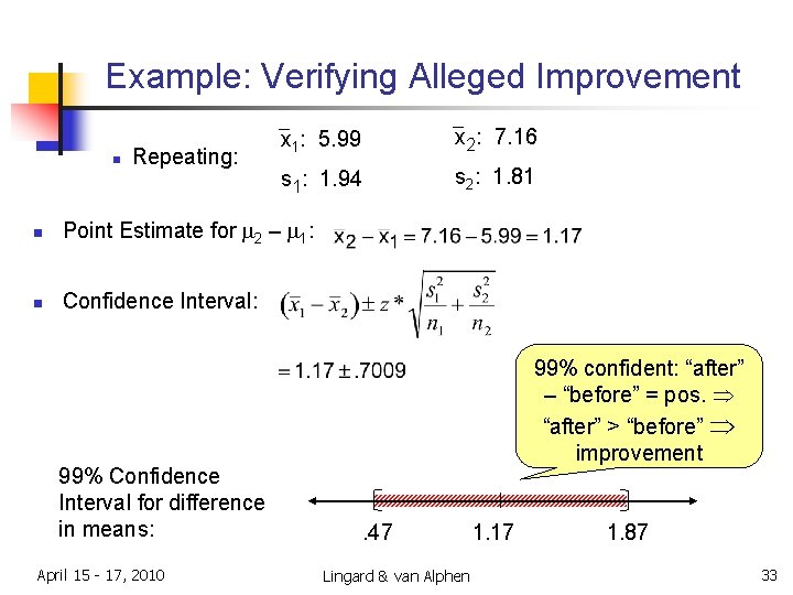 Example: Verifying Alleged Improvement n Repeating: x 1: 5. 99 x 2: 7. 16 Example: Verifying Alleged Improvement n Repeating: x 1: 5. 99 x 2: 7. 16
