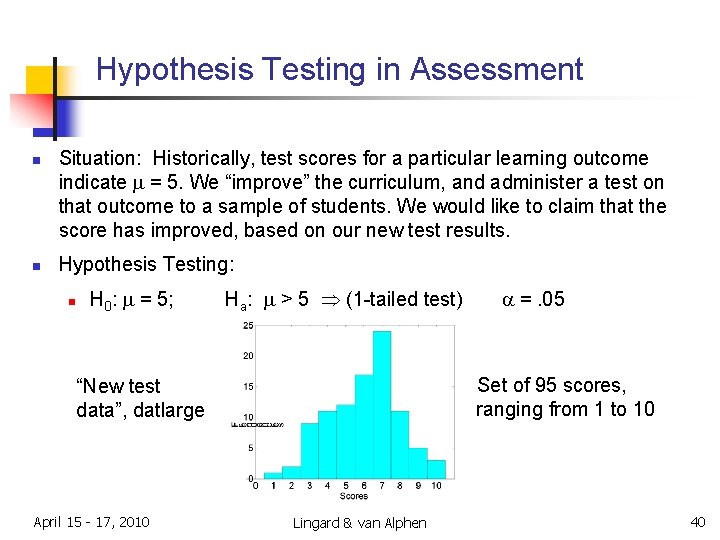 Hypothesis Testing in Assessment n n Situation: Historically, test scores for a particular learning Hypothesis Testing in Assessment n n Situation: Historically, test scores for a particular learning