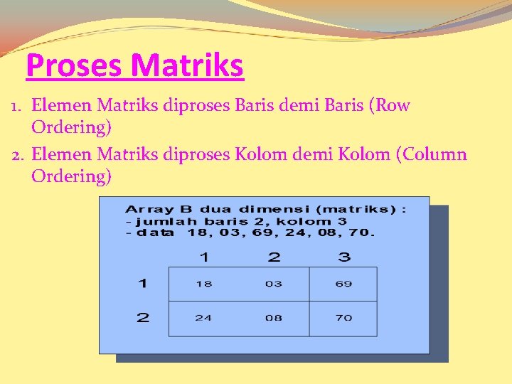 Proses Matriks 1. Elemen Matriks diproses Baris demi Baris (Row Ordering) 2. Elemen Matriks