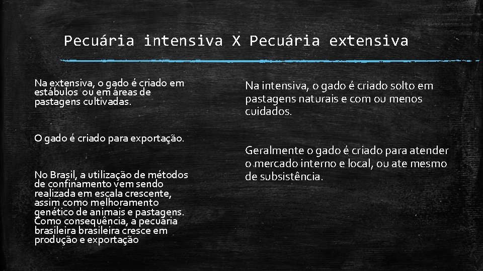 Pecuária intensiva X Pecuária extensiva. Na extensiva, o gado é criado em estábulos ou