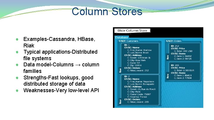 Column Stores ● Examples-Cassandra, HBase, Riak ● Typical applications-Distributed file systems ● Data model-Columns