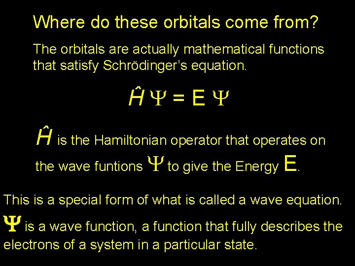 Where do these orbitals come from? The orbitals are actually mathematical functions that satisfy