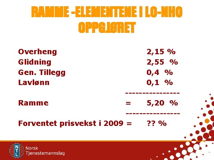 RAMME -ELEMENTENE I LO-NHO OPPGJØRET Overheng Glidning Gen. Tillegg Lavlønn 2, 15 % 2,