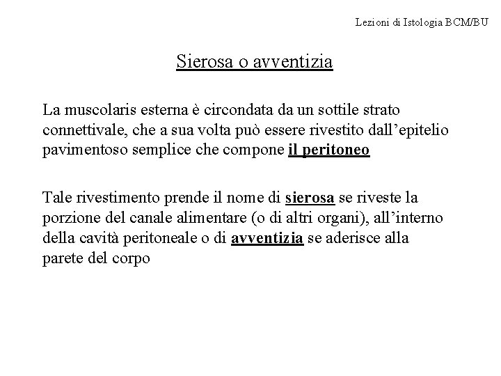 Lezioni di Istologia BCM/BU Sierosa o avventizia La muscolaris esterna è circondata da un