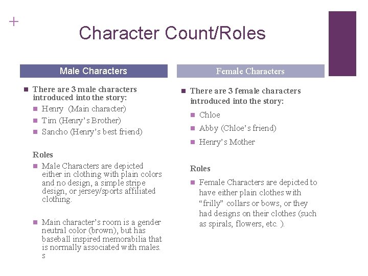 + Character Count/Roles Male Characters n There are 3 male characters introduced into the