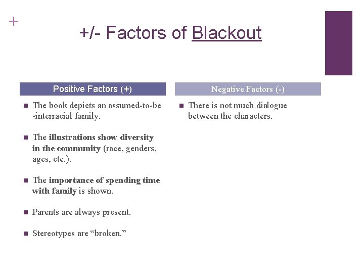 + +/- Factors of Blackout Positive Factors (+) n The book depicts an assumed-to-be