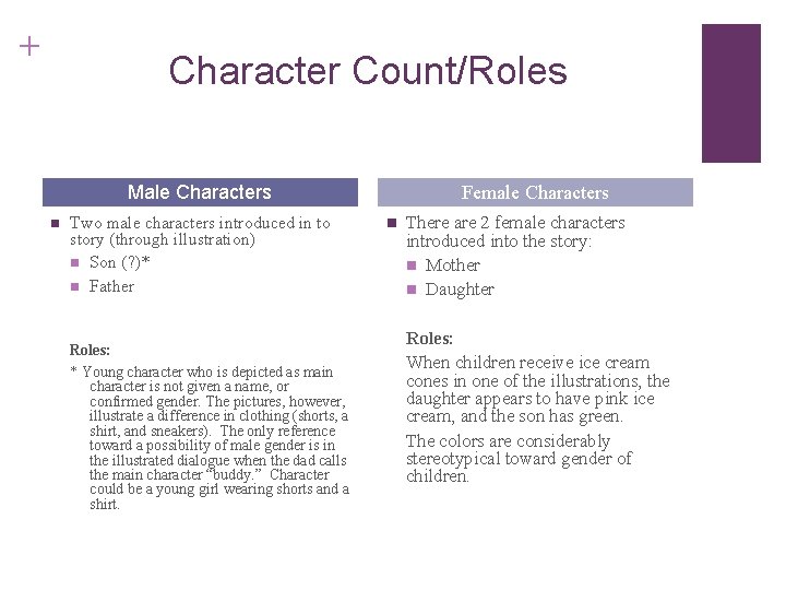 + Character Count/Roles Male Characters n Two male characters introduced in to story (through