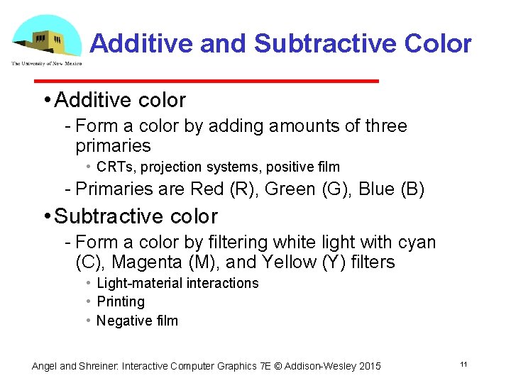 Additive and Subtractive Color • Additive color Form a color by adding amounts of Additive and Subtractive Color • Additive color Form a color by adding amounts of