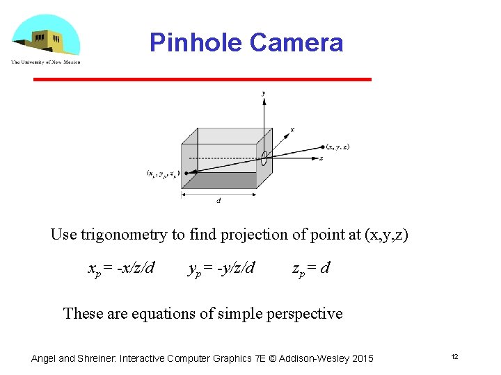 Pinhole Camera Use trigonometry to find projection of point at (x, y, z) xp= Pinhole Camera Use trigonometry to find projection of point at (x, y, z) xp=