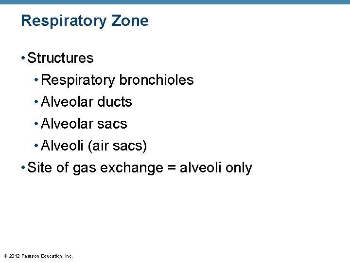 Respiratory Zone • Structures • Respiratory bronchioles • Alveolar ducts • Alveolar sacs •