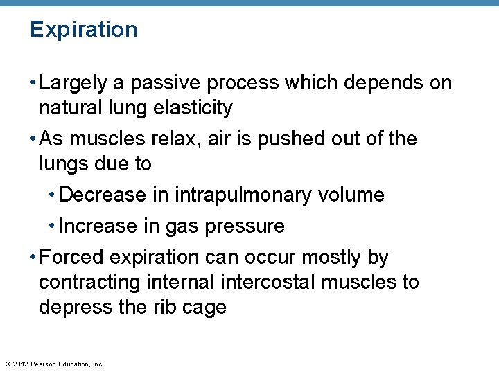 Expiration • Largely a passive process which depends on natural lung elasticity • As