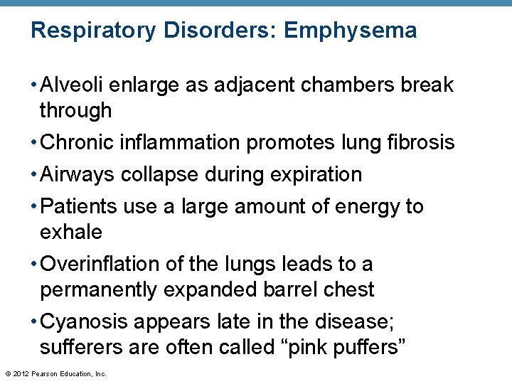 Respiratory Disorders: Emphysema • Alveoli enlarge as adjacent chambers break through • Chronic inflammation