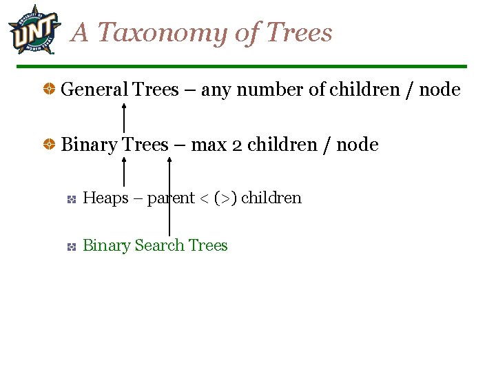 A Taxonomy of Trees General Trees – any number of children / node Binary