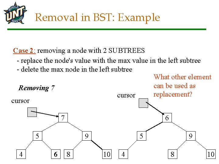Removal in BST: Example Case 2: removing a node with 2 SUBTREES - replace