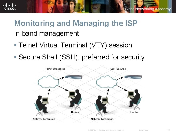 Monitoring and Managing the ISP In-band management: § Telnet Virtual Terminal (VTY) session §