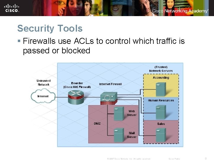 Security Tools § Firewalls use ACLs to control which traffic is passed or blocked