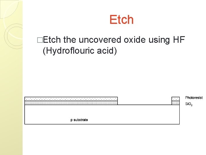 Etch �Etch the uncovered oxide using HF (Hydroflouric acid) 