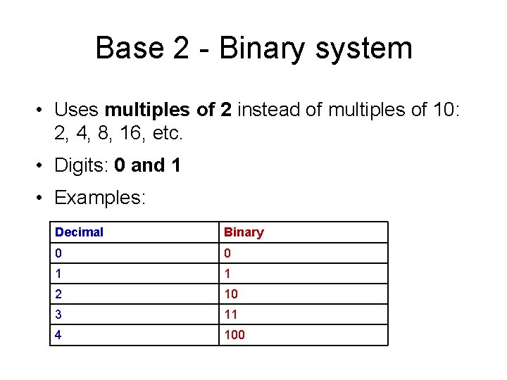 Base 2 - Binary system • Uses multiples of 2 instead of multiples of